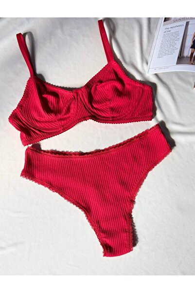 aldyoo Red Patterned Underwire Cotton Combed Cotton Kaşkonse Bra Thong Set