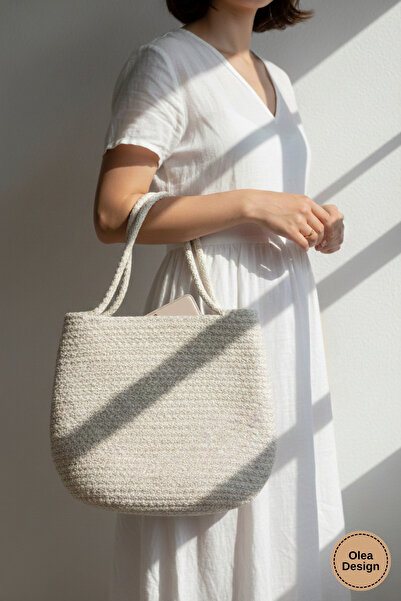 Olea Kadın Metal Detaylı El ve Omuz Çantası/ Kordon Pamuk İp Dikiş Kol Çantası