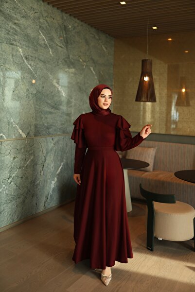 By Atelier Lavin Burgundy Flared Evening Dress with Ruffled Sleeves