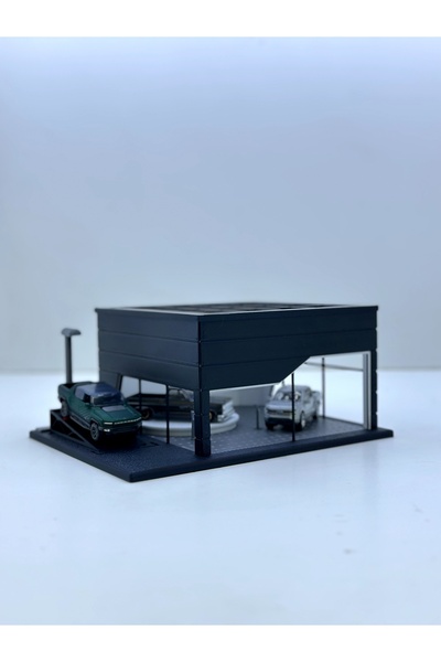 Butik 1/64 Ölçekli Siyah Renk Showroom Tasarımlı Diorama Araç Sergileme Garajı 3D Baskı