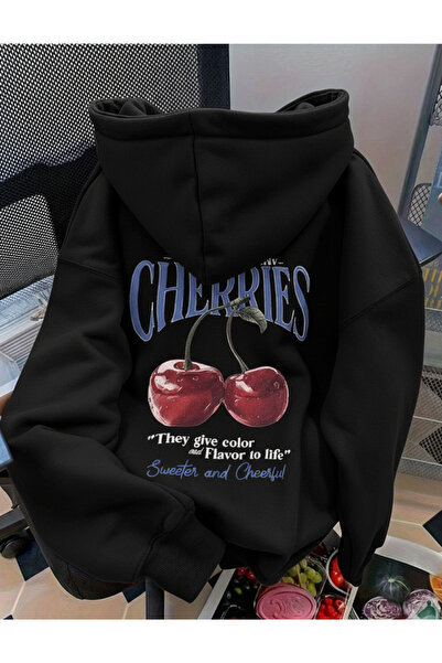 Mayer Butik Unisex Men/Women Cherries Printed Cotton Oversized Hooded Sweatshirt