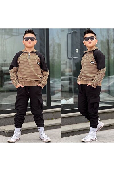 zavera for kids طقم مكون من سويت شيرت مخطط بسحاب نصفي وبنطلون رياضي جيب جانبي...