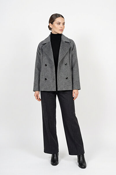 Soydan Güner Antrasit Reglan Kol Kruvaze Yaka Rahat Kalıp Alpaka Tuşe Kısa Ka...