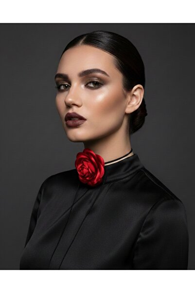 Çınar Aksesuar Kadın Saten Gül Detaylı Choker Kolye - Çiçek Figürlü Tasarım B...
