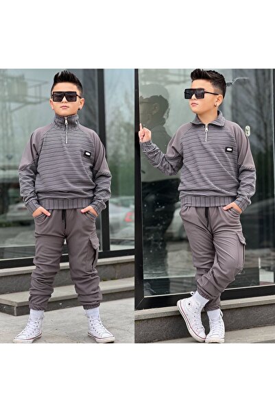 zavera for kids طقم مكون من سويت شيرت مخطط بسحاب نصفي وبنطلون رياضي جيب جانبي...