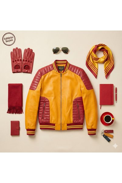 ALWAYS LEATHER Hakiki Kuzu Derisi Sarı Kırmızı Fermuarlı Bomber – Taraftar Özel Seri