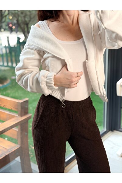 LUNSHI Kapüşonlu Fermuarlı Kısa Sweatshirt