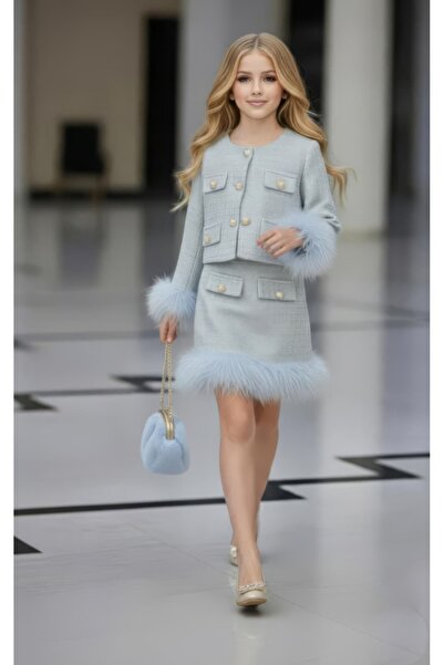 By Feyza Kids Collection Kız Çocuk Tweed Ceket-Etek & Çanta 3’lü Takım –bayra...