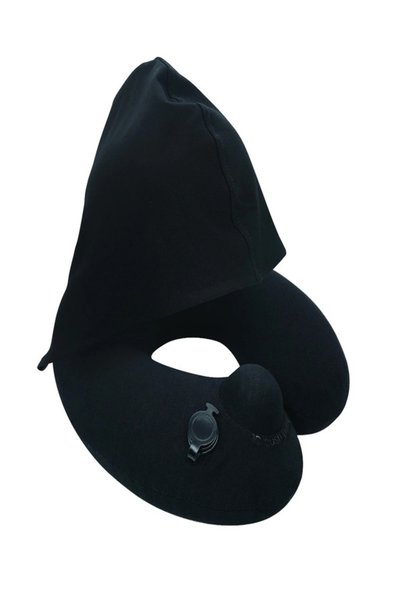 TRAVELMALL 3D Inflatable Neck Pillow with Patented Pump & Foldable Hood – Black