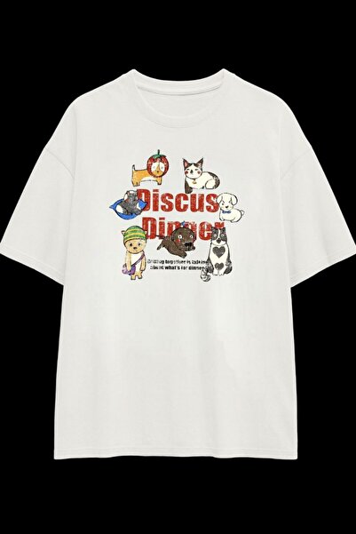 MAYDAY CULTURE Tricou oversize din bumbac imprimat Cat Dtf, unisex, pentru fe...