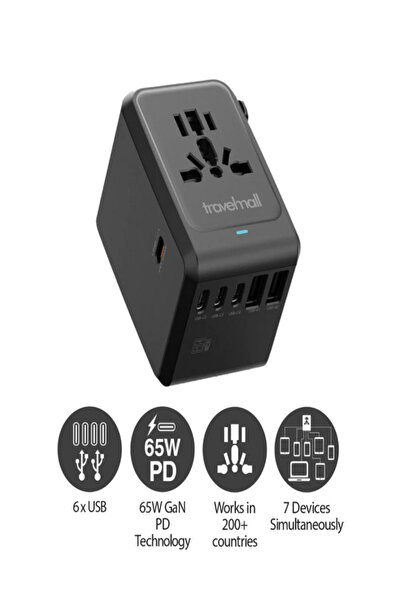 TRAVELMALL 65W PD GaN Worldwide Travel Adapter with 6 USB Ports (4 USB-C + 2 ...