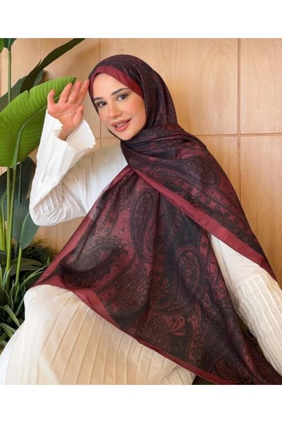 MİNELEŞARP34 Mineleşarp retro desen siyah bordo renk pamuklu soft şal