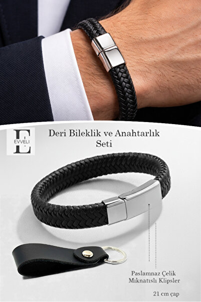 EVVELİ Erkek Deri Mıknatıslı Örgü Bileklik ve Anahtarlık seti