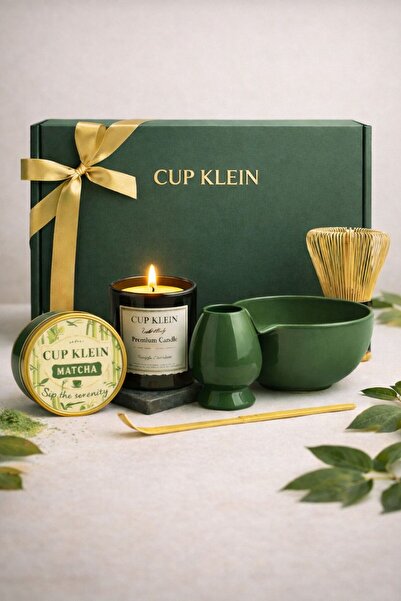 cup klein Matcha Hediye Seti-Seramik Kase, Mum, Bambu Çırpıcı