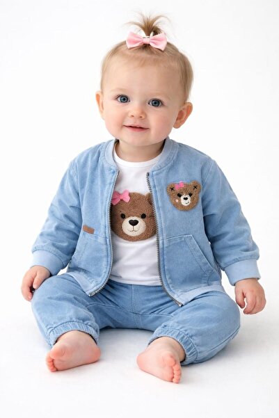 Butik Kız Bebek Ayıcık Nakışlı Yumuşak Kız Bebek Üçlü Kot Takım