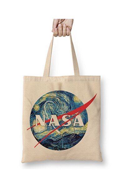 Toyaso حقيبة تسوق من القماش الأبيض تحمل شعار ناسا فان جوخ ليلاً المرصعة بالنج...
