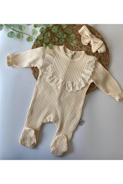 Butik Jakar Kumaş Fisto Detaylı Saç Bantlı Kız Bebek Tulum