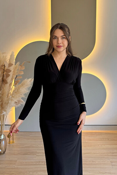 Aventien Double-Breasted Yaka Draped Elegant Black Dress