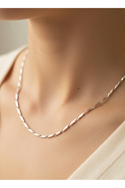 GKCBijoux 316L Gümüş Renk Kıvrımlı Bar Model Paslanmaz Çelik Minimal Zincir K...
