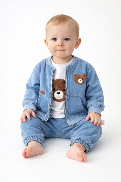 Butik Erkek Bebek Ayıcık İşlemeli Yumuşak Üçlü Kot Takım