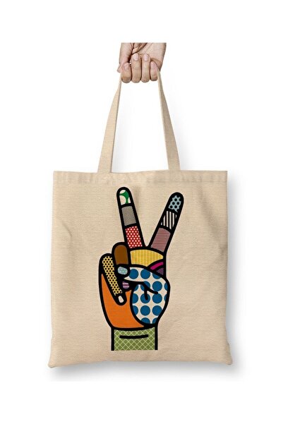 Toyaso Дизайн на знака за мир и победа Бяла платна чанта с дълги дръжки Чанта...