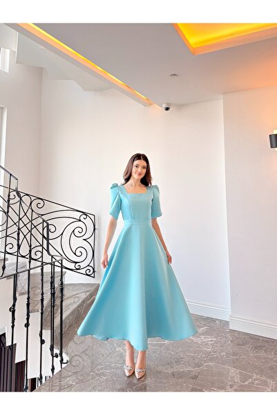 BEYZATURAN Olen Baby Blue Blue Short Sleeve Maxi Long Length Flared Skirt Dre...