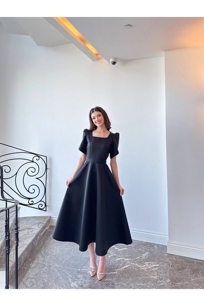 BEYZATURAN Olen black short-sleeve maxi-length flared skirt evening dress