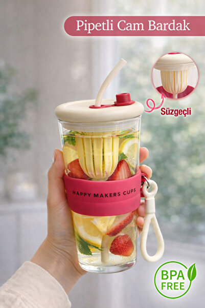 naturelove Pipetli Borosilikat Cam Pipetli Bardak - Taşıma Kulplu Süzgeçli Ta...