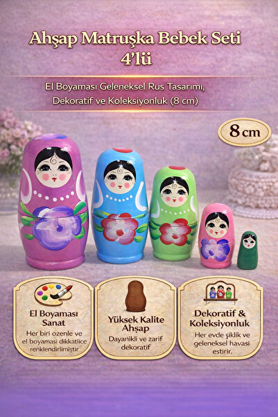 Tamsena Store Ahşap Matruşka Bebek Seti 4’lü – Geleneksel Rus Tasarımı, Dekor...