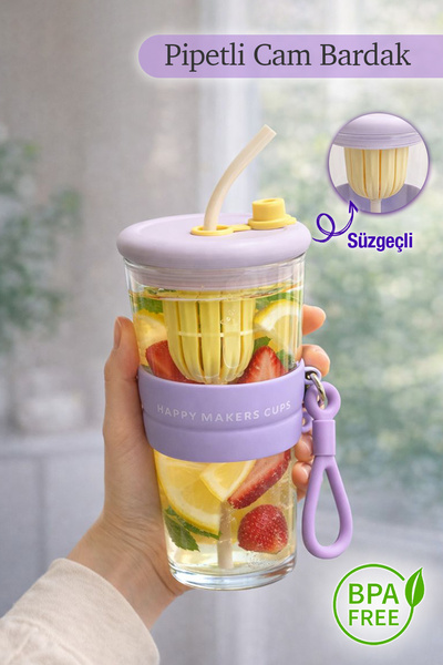 naturelove Pipetli Borosilikat Cam Pipetli Bardak - Taşıma Kulplu Süzgeçli Ta...