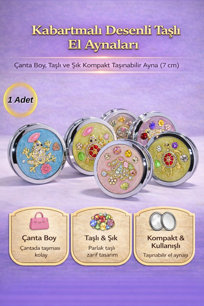 Tamsena Store Kabartmalı Taşlı Desenli El Aynası 7 cm | Şık & Çanta Boy Kompa...