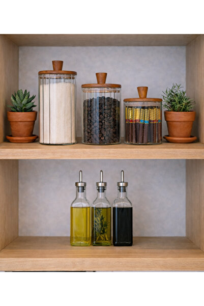 Paşabahçe 3 Boy Akasya Kapaklı Çizgili Cam Saklama Baharat Kavanozu (420ml+33...