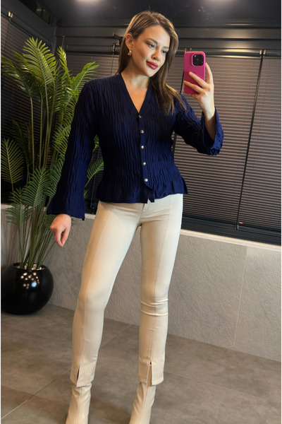 MİR STORE Navy Blue Textured Fabric Fly Sleeve Knit Cardigan