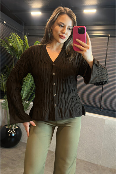 MİR STORE Brown Textured Fabric Flywheel Sleeve Knitwear Cardigan