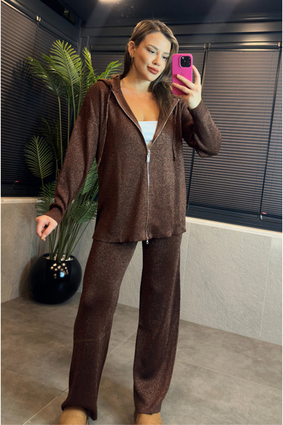MİR STORE Brown Glitter Hooded Comfortable Fit Knitwear Set
