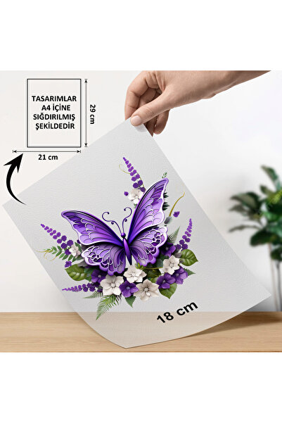 konpro Ütü ile Yama Baskı A4 Transfer Kağıdı 7004 Mor Kelebek ve Mor Çiçekler