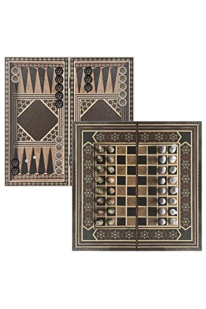 Margoun Handmade Persian Khatam Chess Set with Backgammon and Marble Stone Pi...