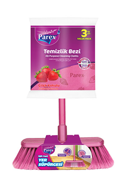 Parex Eğik Sapli Yer Süpürgesi ve Çilek Kokulu Temizlik Bezi Paketi