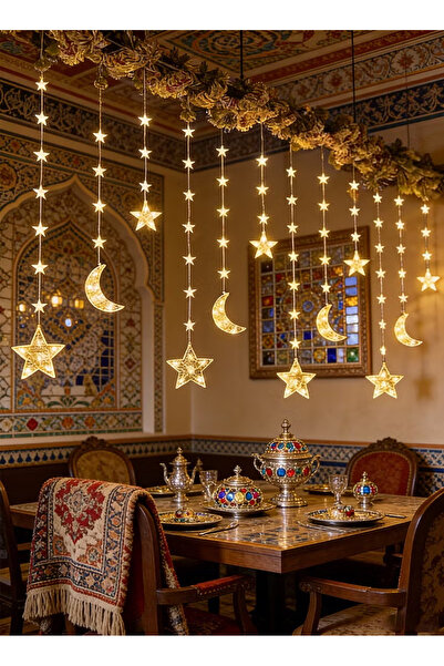 Yoawllty زينة رمضانية للمنزل، أضواء ستارة على شكل نجوم وقمر تعمل بمنفذ USB، 8...