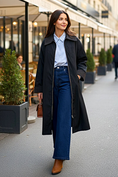 Lale Butik Front Zippered Collar Velvet Detail Cap Jacket 16957 Black