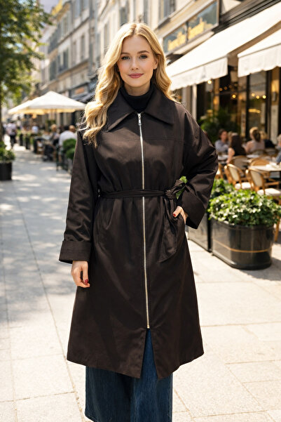 Lale Butik Front Zippered Collar Velvet Detail Cap Jacket 16745 Brown