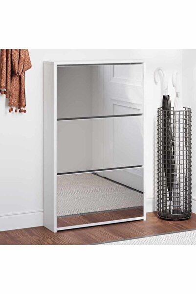 vidaxl خزانة أحذية بمرآة ثلاثية الطبقات، لون أبيض، 63×17×102.5 سم