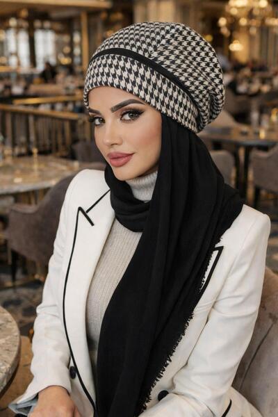 Aişe tesettür Siyah Beyaz Kazayağı Tesettür Bere Şal