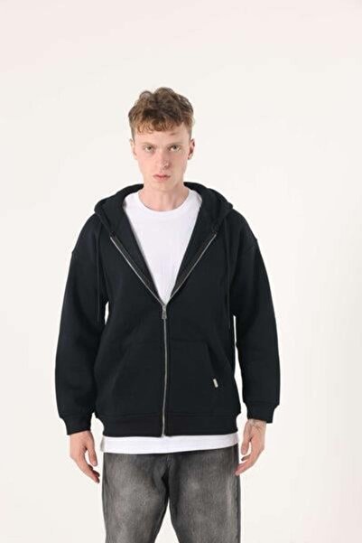 Store هودي رجالي قصة فضفاضة Fit بغطاء رأس Sweat -%65 قطن أسود مزيج من القطن م...