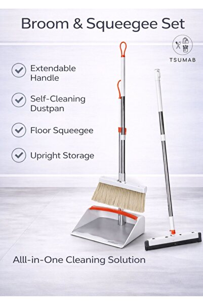 TSUMAB مجموعة مكنسة ومجرفة وممسحة أرضية بمقبض قابل للتمديد، مجرفة تنظيف ذاتي