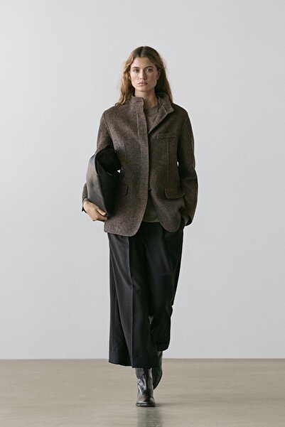 Massimo Dutti Dik yakalı yün karışımlı fitilli dokulu kaban