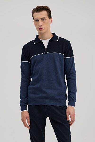 Jakamen Blue Slim Fit Zippered Polo Neck Sweater