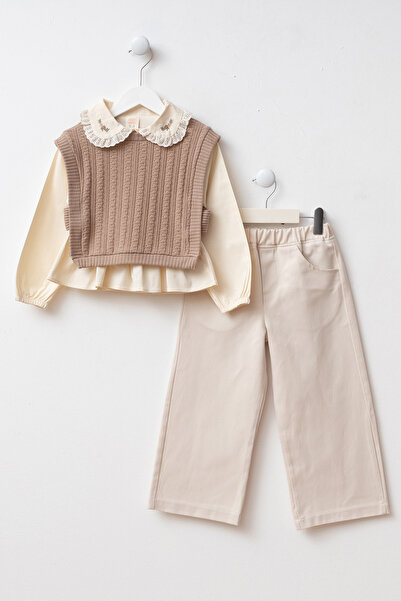 Minipodyum Holiday 3-Piece Girls' Top and Bottom Set with Lace Collar Shirt, ...