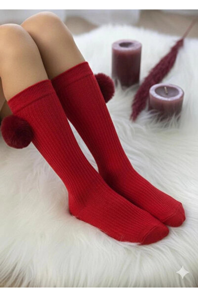 BİGÜMEX Girls' Pompon Knee-High Socks 3-Piece Set 1/5 Years Old