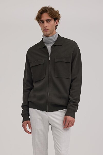 Jakamen Khaki Slim Fit Peter Pan collar Rayon Knitwear Jacket with Zippered P...